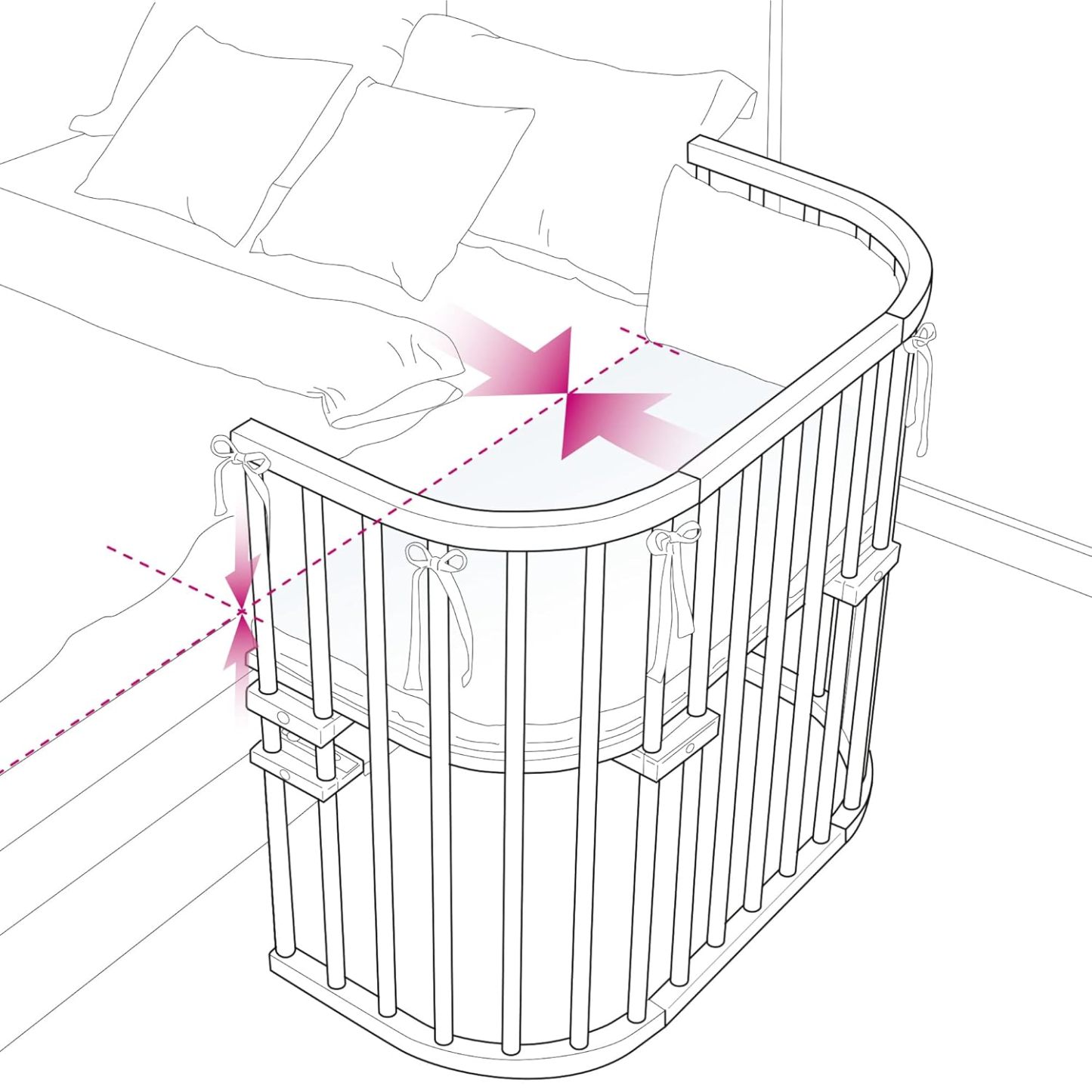 NEXAMARKET Maxi extra großes Beistellbett aus massivem Buchenholz/Kinderbett Höhe stufenlos verstellbar & umweltfreundlich/mit Matratze, Gitter, Rollen (weiß lackiert)