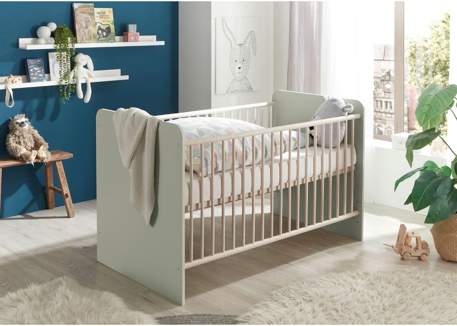 NEXAMARKET PRIZZI Sicheres Babybett 70x140 cm in Pastellgrün/Aurum Optik - Funktionales Baby Gitterbett mit höhenverstellbarem Lattenrost - 78 x 88 x 143 cm (B/H/T)