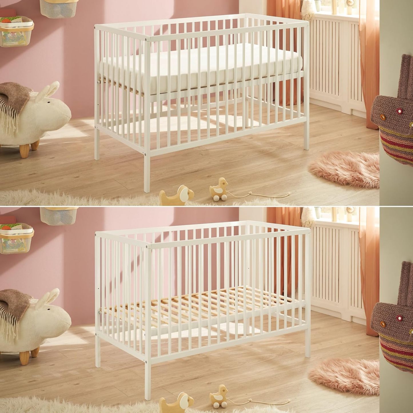 NEXAMARKET Celia Sicheres Babybett 60x120 cm aus massiver Buche in Weiß - Funktionales Baby Gitterbett mit höhenverstellbarem Lattenrost - 64 x 80 x 124 cm (B/H/T)