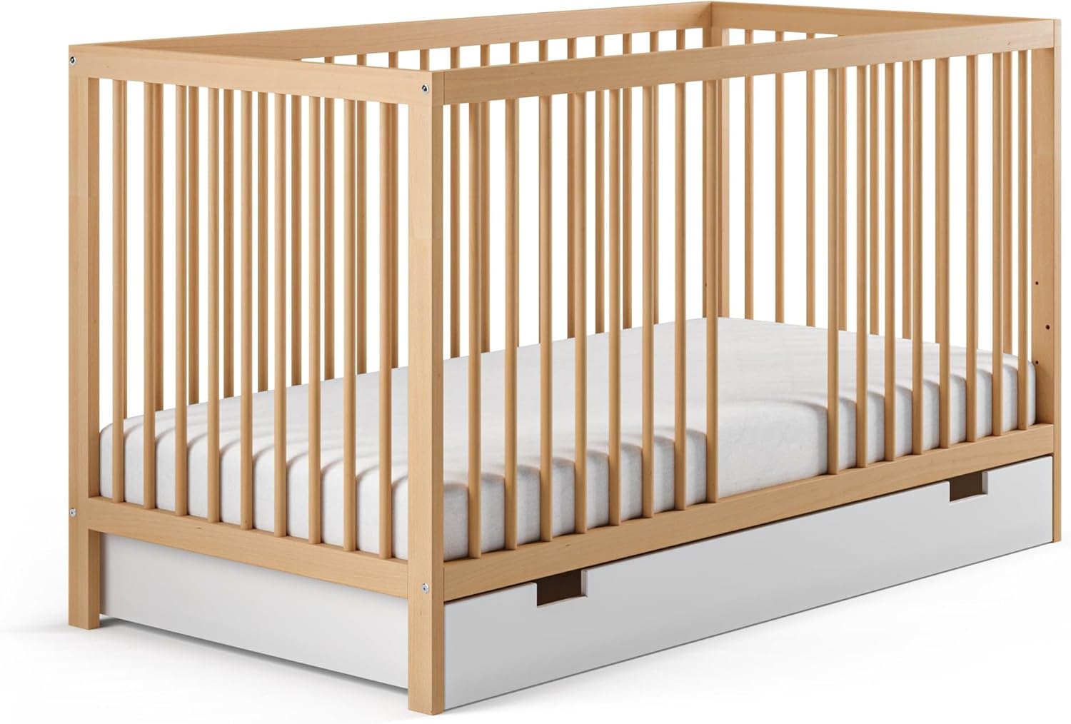 NEXAMARKET Babybett Kinderbett Gitterbett 70x140 höhenverstellbar & herausnehmbare Sprossen, mit Schublade und Matratze | Buchenholz Natur sehr stabil Made in Europe