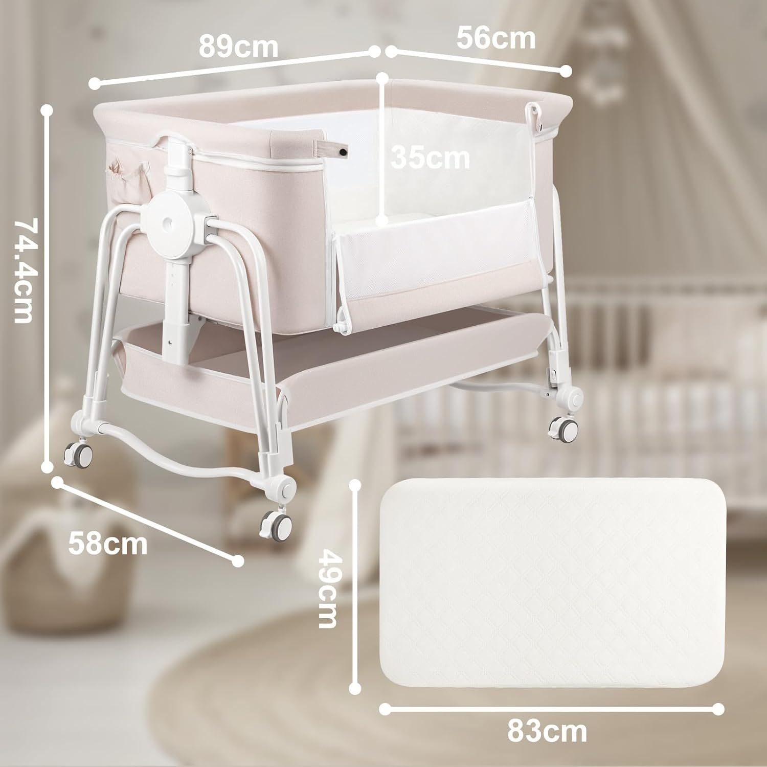 NEXAMARKET 4 In 1 Beistellbett Baby, Babybett, Reisebett Baby mit Matratze, Beistellbett 7 Fach höhenverstellbar mit Aufbewahrungskorb, Tragbarer Stubenwagen mit Rollen, Moskitonetz（Cremefarben）