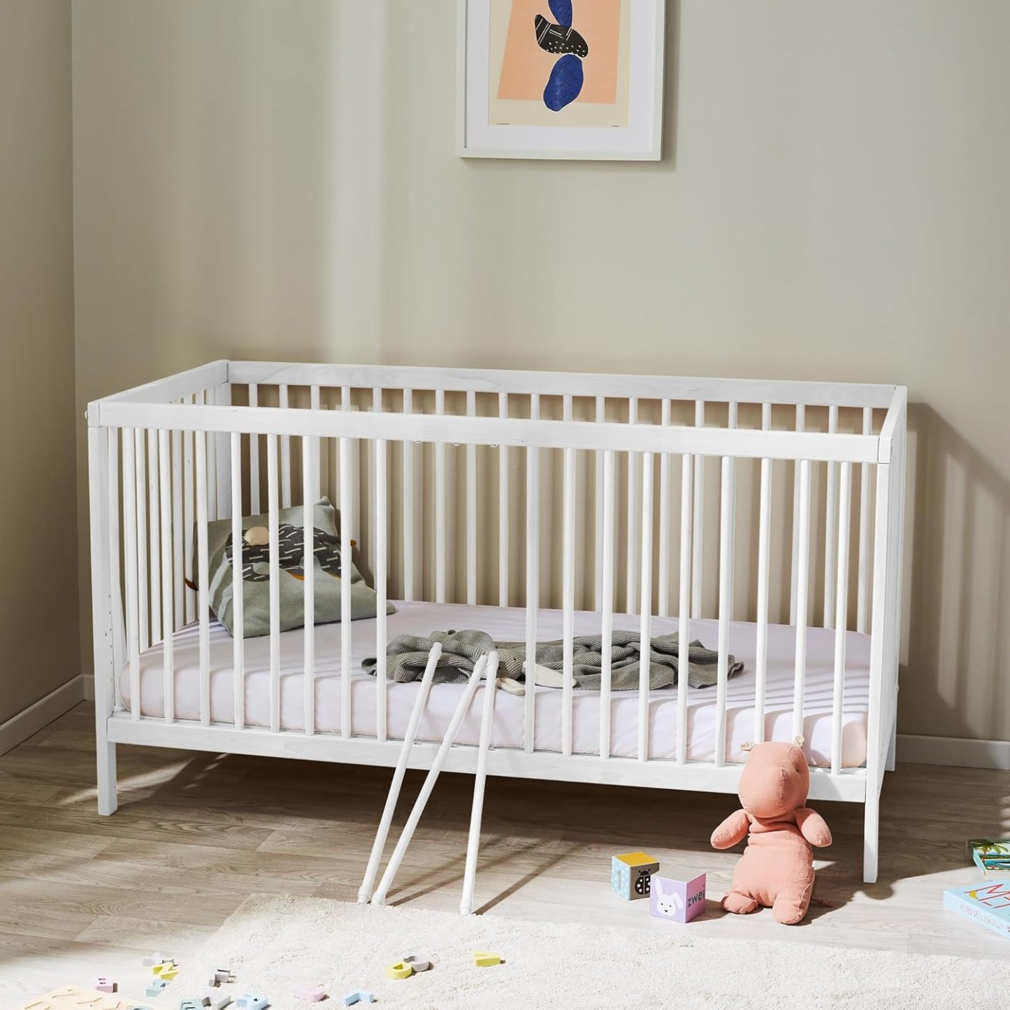 NEXAMARKET Babybett Kinderbett Gitterbett 60x120 höhenverstellbar & herausnehmbare Sprossen, optional mit Schublade und Matratze | Buchenholz Weiss sehr stabil Made in Europe