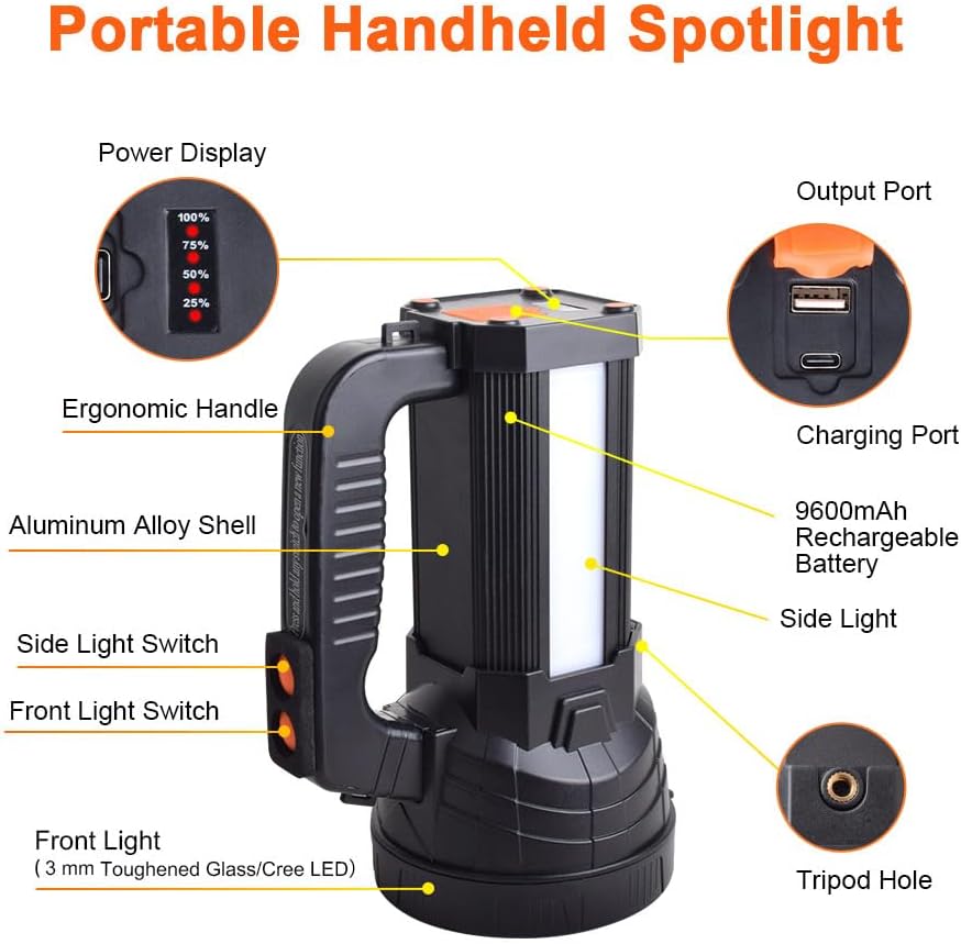 NEXAMARKET LED Taschenlampe 11000 lm, Handscheinwerfer LED Akku Wiederaufladbar 9600mAh Power Bank, IPX4 Wasserdicht, 6 Modi Suchscheinwerfer LED Handscheinwerfer Aufladbar Notfallleuchte für Camping