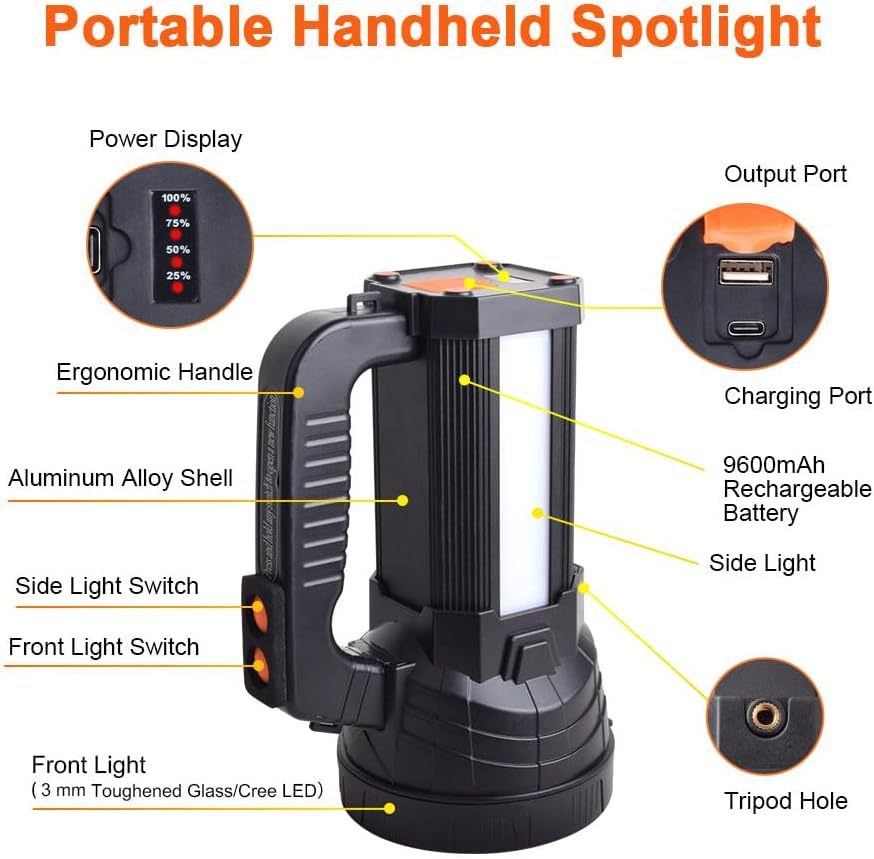 NEXAMARKET LED Taschenlampe 11000 lm, Handscheinwerfer LED Akku Wiederaufladbar 9600mAh Power Bank, IPX4 Wasserdicht, 6 Modi Suchscheinwerfer LED Handscheinwerfer Aufladbar Notfallleuchte für Camping