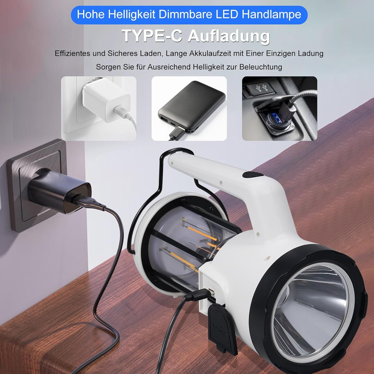 NEXAMARKET LED Campinglampe,IP64 Wasserdicht Aufladbar Camping Laterne, Eingebaute 3600mAh Akku, 3 Lichtmodi Taschenlampe für Abenteuer, Wandern, Angeln, SOS,