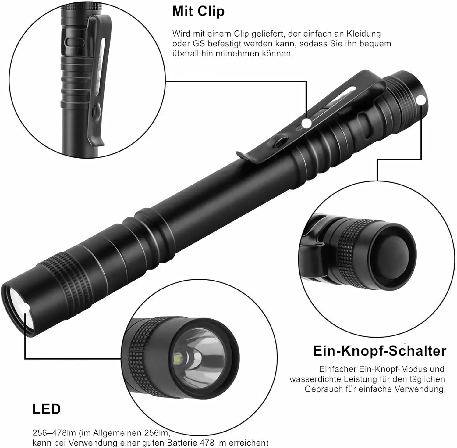 NEXAMARKET 1pc Tragbares Grelles Licht, Ultra Helle LED Taschenlampe Wasserdichte Ministift Form Taschen Fackel mit Anti-Schleuder Taschen Klipp [Energieklasse A]