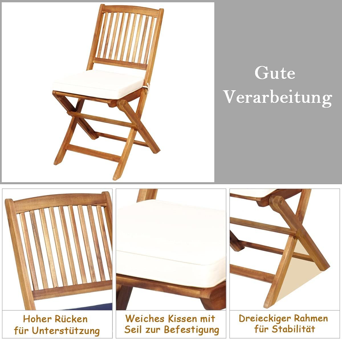 NEXAMARKET 3-TLG. Terrassenmöbel-Set, Gartenmöbel-Set klappbar mit Rundem Tisch & 2 Stühlen, Ergonomische Sitzgarnitur aus Akazienholz mit 2 Kissen, Bistroset für Balkon Garten Terrasse Hinterhof (Beige)