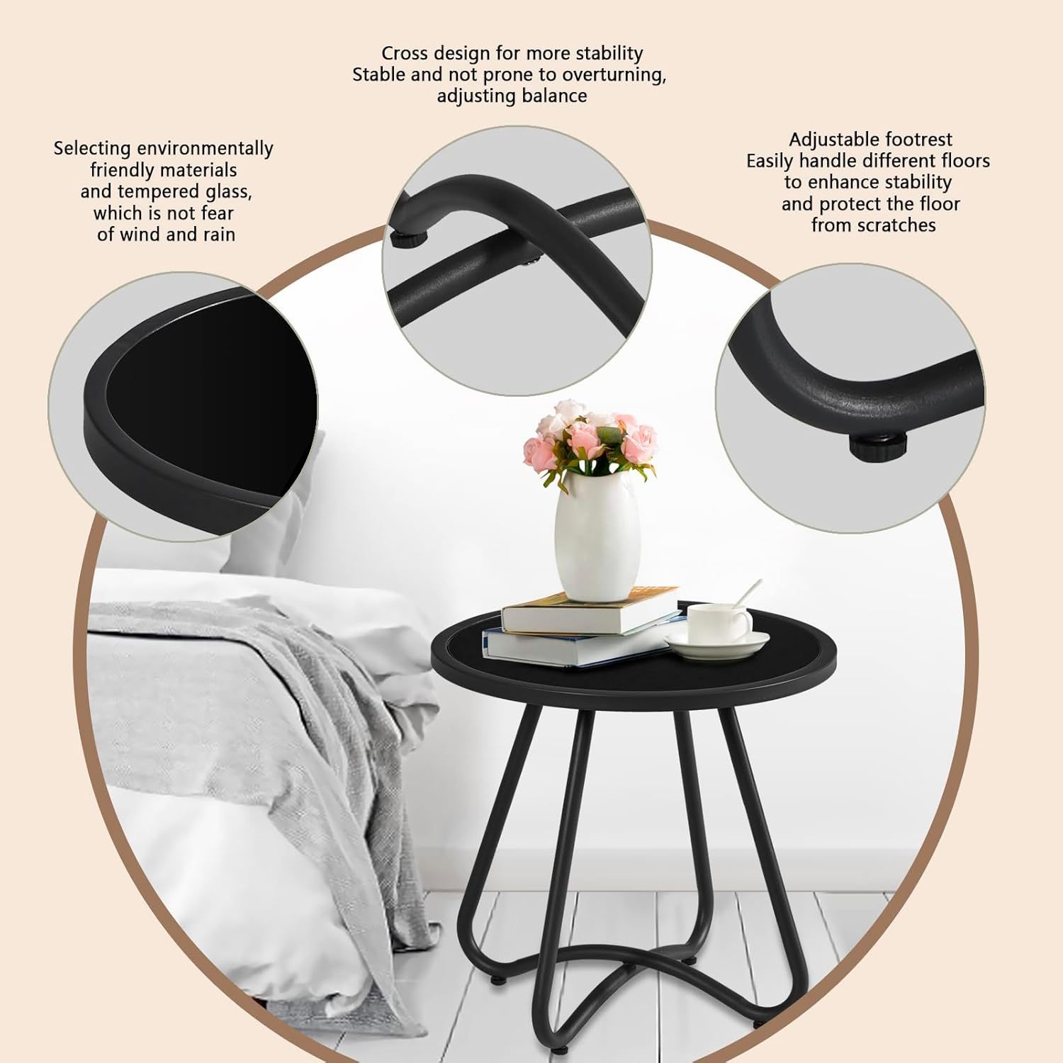 NEXAMARKET Outdoor-Beistelltische, Kleiner Gartentisch, runder Terrassen-Beistelltisch aus Stahl, Akzent-Beistelltisch für Terrasse, Hof, Garten, Innen- und Außenbereich (Tischplatte aus gehärtetem Glas)