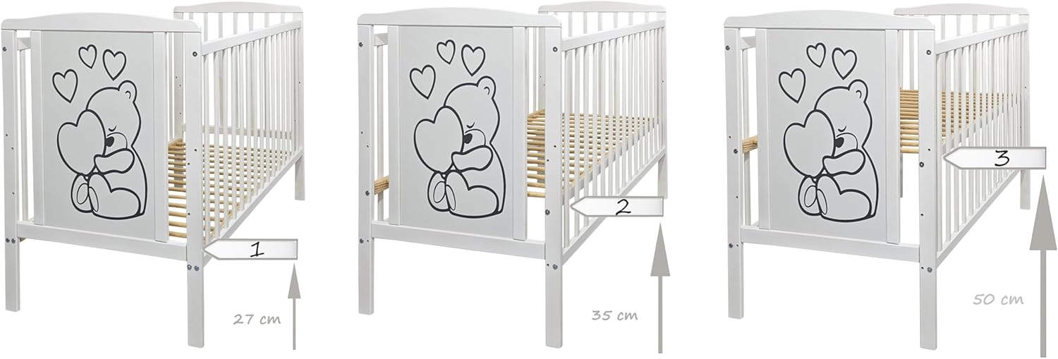 NEXAMARKET 16 Teiliges Babybett Kinderbett und Bettwäsche komplett Set Timmi inkl. Matratze höhenverstellbar für Neugeborene Babys und Kleinkinder aus Massivholz (Grau - Teddybär Mond)