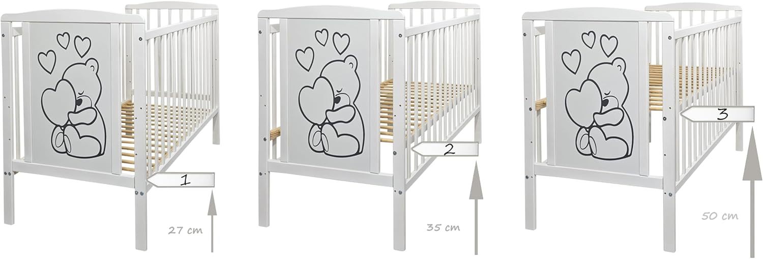 NEXAMARKET 16 Teiliges Babybett Kinderbett und Bettwäsche komplett Set Timmi inkl. Matratze höhenverstellbar für Neugeborene Babys und Kleinkinder aus Massivholz (Grau - Teddybär Mond)