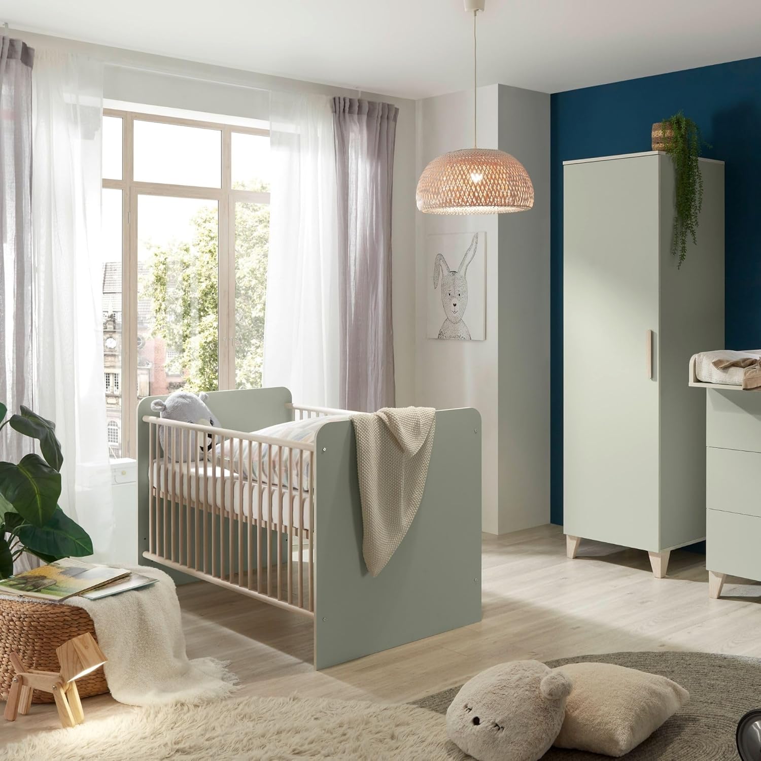 NEXAMARKET PRIZZI Sicheres Babybett 70x140 cm in Pastellgrün/Aurum Optik - Funktionales Baby Gitterbett mit höhenverstellbarem Lattenrost - 78 x 88 x 143 cm (B/H/T)