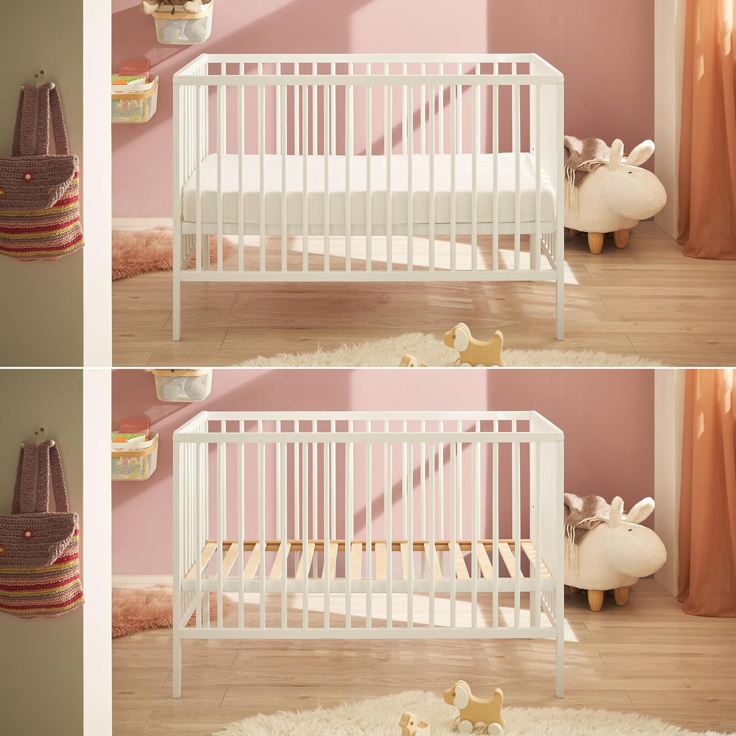 NEXAMARKET Celia Sicheres Babybett 60x120 cm aus massiver Buche in Weiß - Funktionales Baby Gitterbett mit höhenverstellbarem Lattenrost - 64 x 80 x 124 cm (B/H/T)