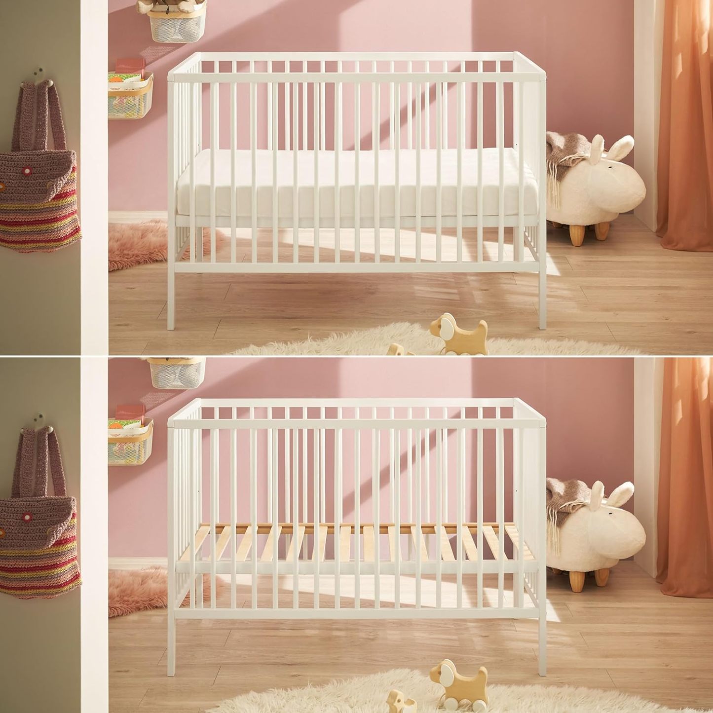 NEXAMARKET Celia Sicheres Babybett 60x120 cm aus massiver Buche in Weiß - Funktionales Baby Gitterbett mit höhenverstellbarem Lattenrost - 64 x 80 x 124 cm (B/H/T)
