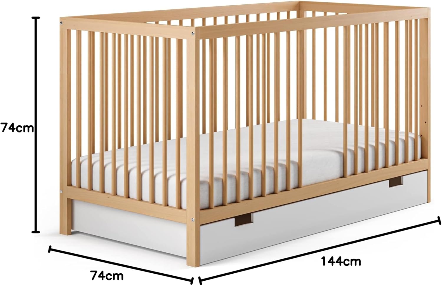 NEXAMARKET Babybett Kinderbett Gitterbett 70x140 höhenverstellbar & herausnehmbare Sprossen, mit Schublade und Matratze | Buchenholz Natur sehr stabil Made in Europe