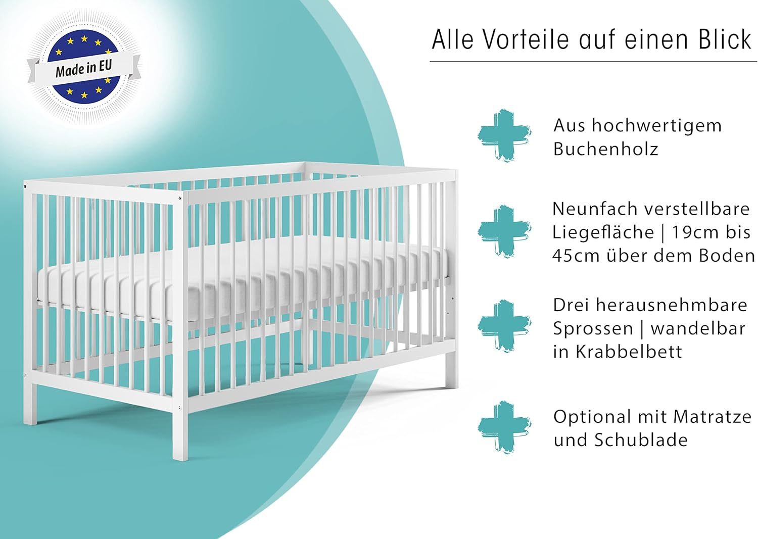 NEXAMARKET Babybett Kinderbett Gitterbett 60x120 höhenverstellbar & herausnehmbare Sprossen, optional mit Schublade und Matratze | Buchenholz Weiss sehr stabil Made in Europe