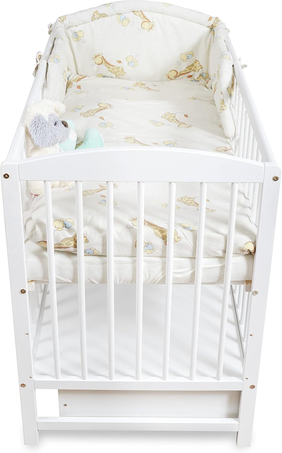 NEXAMARKET Kinderbett Babybett 60x120 cm – Gitterbett mit Schublade, Höhenverstellbarem Lattenrost und Schlupfsprossen, Umbaubar zum Juniorbett – Weiß