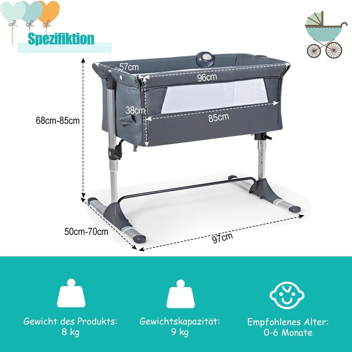 NEXAMARKET 2 in 1 Babybett & Beistellbett, Höhenverstellbar & Klappbar Reisebett mit Matratze, Spieluhr, Spielzeug & Tragetasche, Kinderbett für Baby 0-6 Monate bis 9 kg belastbar (Modell 1, 97 x 57 cm)