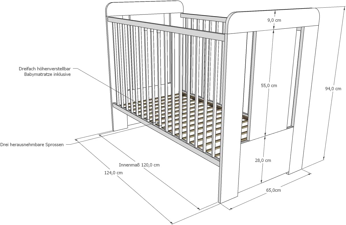 NEXAMARKET Babybett Gitterbett mit Matratze & Teddybär Gravur 60x120 höhenverstellbar | herausnehmbare Sprossen Weiss Made in Europe