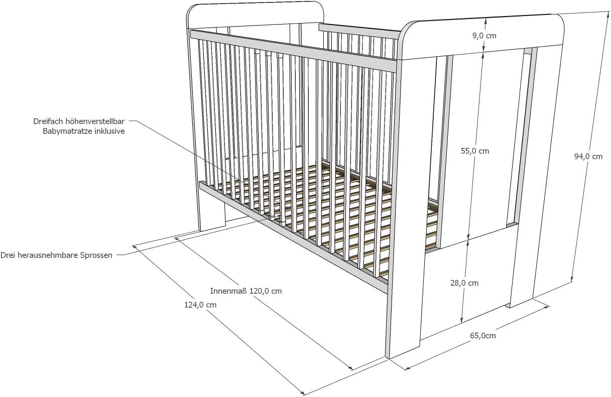 NEXAMARKET Babybett Gitterbett mit Matratze & Teddybär Gravur 60x120 höhenverstellbar | herausnehmbare Sprossen Weiss Made in Europe