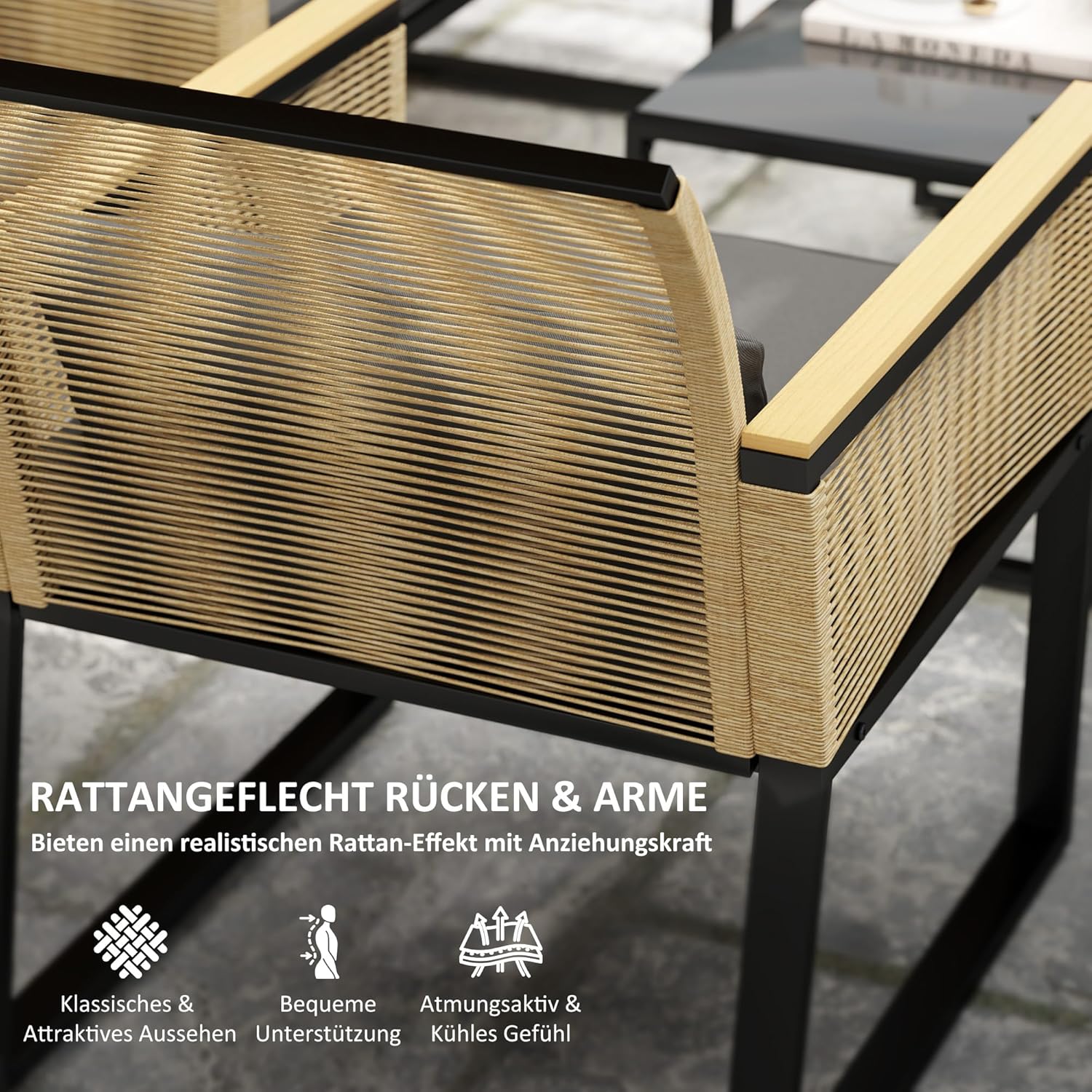 NEXAMARKET Polyrattan Gartenmöbel Set 4 Personen, wetterfest Balkonmöbel-Set mit 2er Sofa, 2 Stühle Glastisch Sitzkissen, Outdoor Sitzgruppe, Terrassenmöbel Gartengarnitur für Garten Balkon, Schwarz