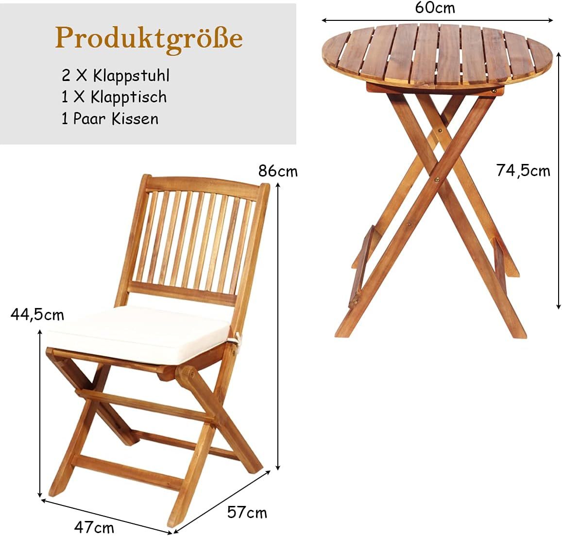 NEXAMARKET 3-TLG. Terrassenmöbel-Set, Gartenmöbel-Set klappbar mit Rundem Tisch & 2 Stühlen, Ergonomische Sitzgarnitur aus Akazienholz mit 2 Kissen, Bistroset für Balkon Garten Terrasse Hinterhof (Beige)