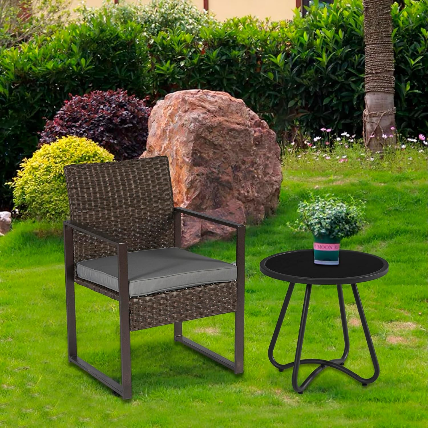 NEXAMARKET Outdoor-Beistelltische, Kleiner Gartentisch, runder Terrassen-Beistelltisch aus Stahl, Akzent-Beistelltisch für Terrasse, Hof, Garten, Innen- und Außenbereich (Tischplatte aus gehärtetem Glas)