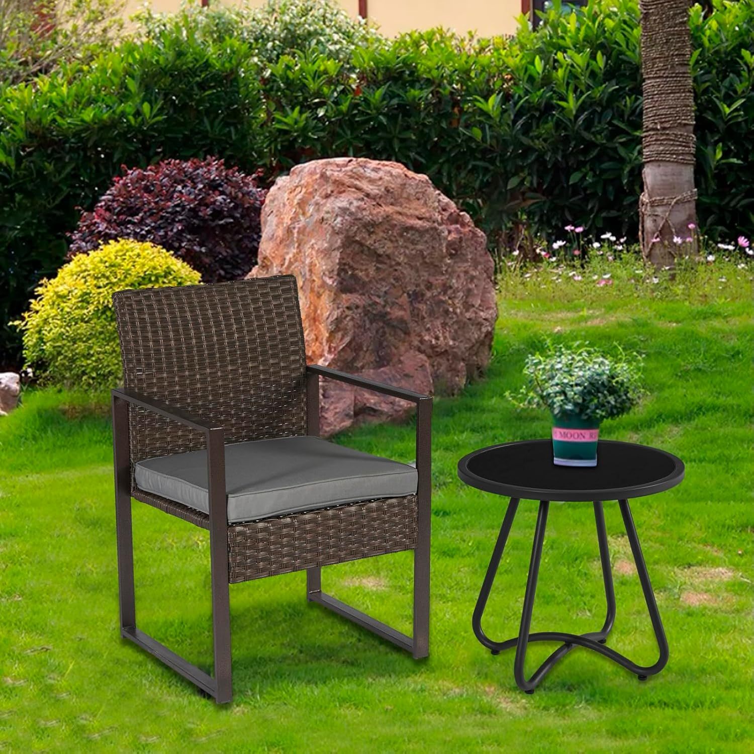 NEXAMARKET Outdoor-Beistelltische, Kleiner Gartentisch, runder Terrassen-Beistelltisch aus Stahl, Akzent-Beistelltisch für Terrasse, Hof, Garten, Innen- und Außenbereich (Tischplatte aus gehärtetem Glas)