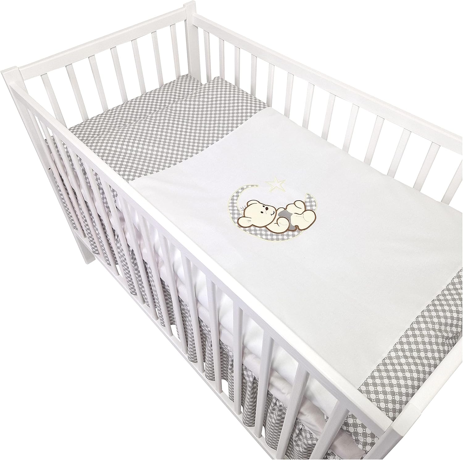 NEXAMARKET 16 Teiliges Babybett Kinderbett und Bettwäsche komplett Set Timmi inkl. Matratze höhenverstellbar für Neugeborene Babys und Kleinkinder aus Massivholz (Grau - Teddybär Mond)