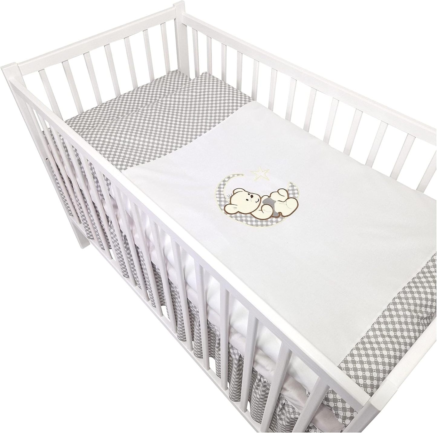 NEXAMARKET 16 Teiliges Babybett Kinderbett und Bettwäsche komplett Set Timmi inkl. Matratze höhenverstellbar für Neugeborene Babys und Kleinkinder aus Massivholz (Grau - Teddybär Mond)