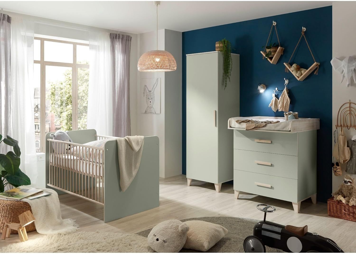 NEXAMARKET PRIZZI Sicheres Babybett 70x140 cm in Pastellgrün/Aurum Optik - Funktionales Baby Gitterbett mit höhenverstellbarem Lattenrost - 78 x 88 x 143 cm (B/H/T)