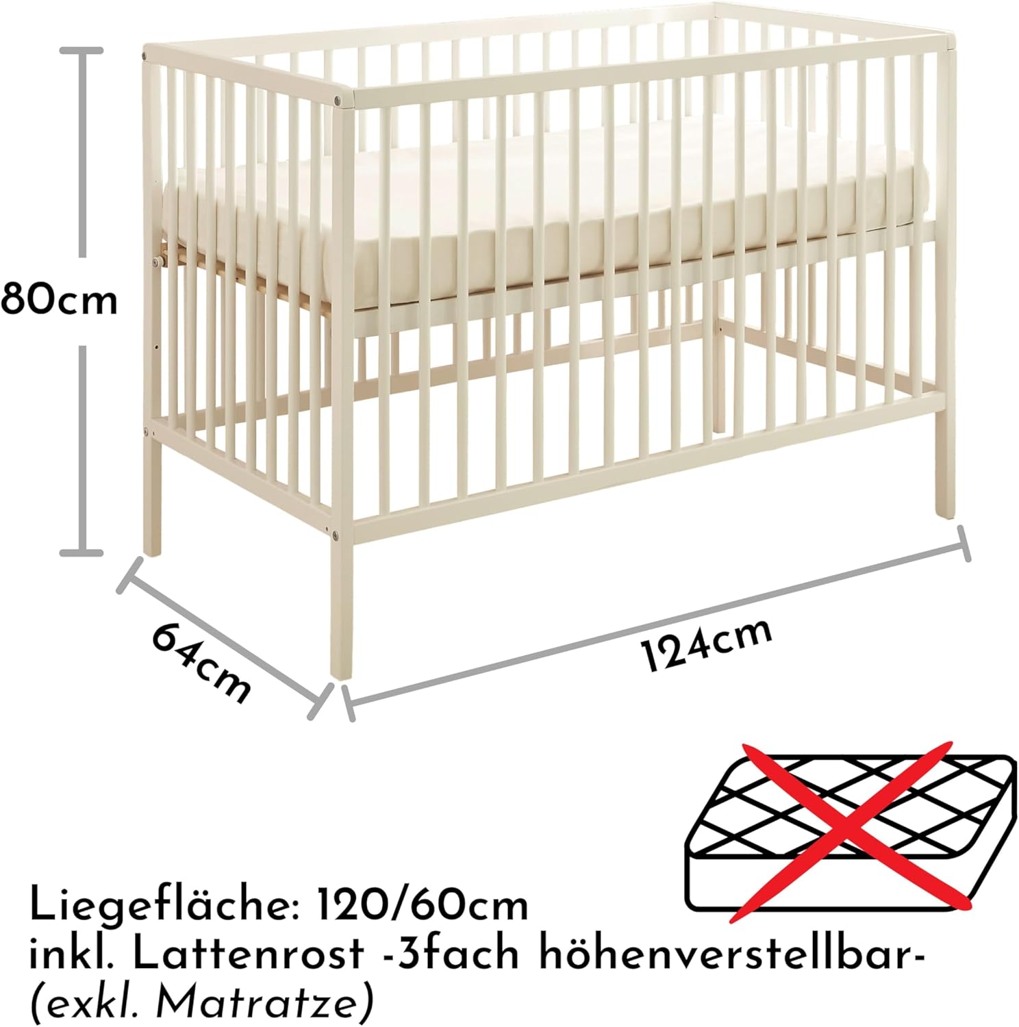 NEXAMARKET Celia Sicheres Babybett 60x120 cm aus massiver Buche in Weiß - Funktionales Baby Gitterbett mit höhenverstellbarem Lattenrost - 64 x 80 x 124 cm (B/H/T)