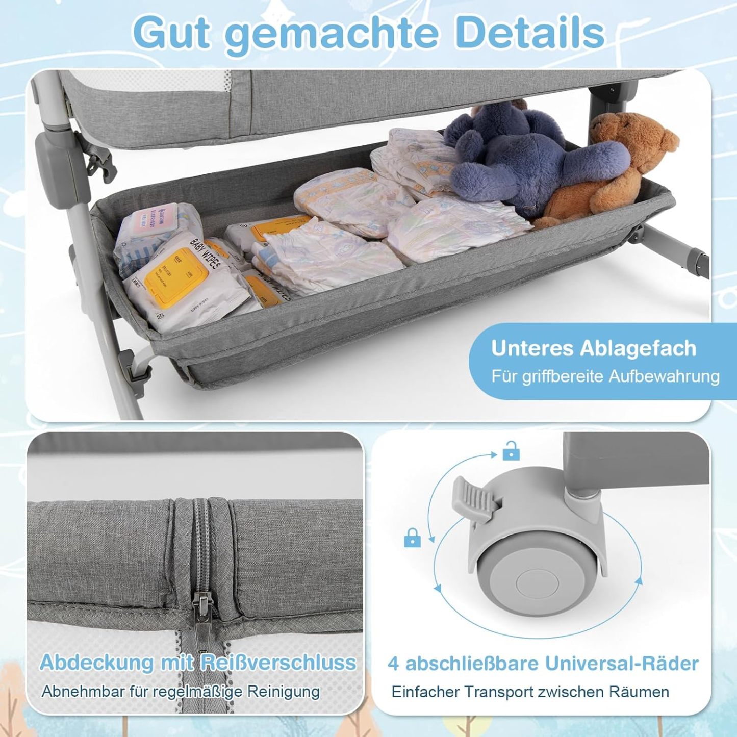 NEXAMARKET 3 in 1 Beistellbett, Reisebett Baby mit Matratze, Babybett 6 Fach höhenverstellbar mit Aufbewahrungskorb & Tragetasche, tragbarer Stubenwagen mit Rollen für Baby bis 6 Monaten (Grau)