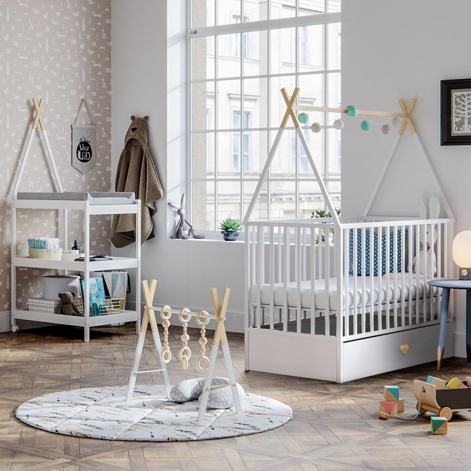 NEXAMARKET Weiss Babybett mit Schubladen 60x120 - Baby Bett - Kinderbett 60x120 ab 3 Jahr - Beistellbett Baby - Kinder Bett - Maserholz Kinderbetten