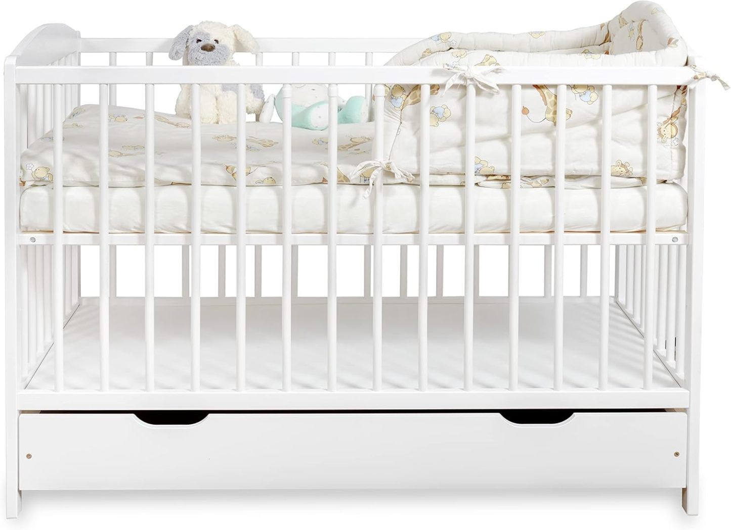 NEXAMARKET Kinderbett Babybett 60x120 cm – Gitterbett mit Schublade, Höhenverstellbarem Lattenrost und Schlupfsprossen, Umbaubar zum Juniorbett – Weiß