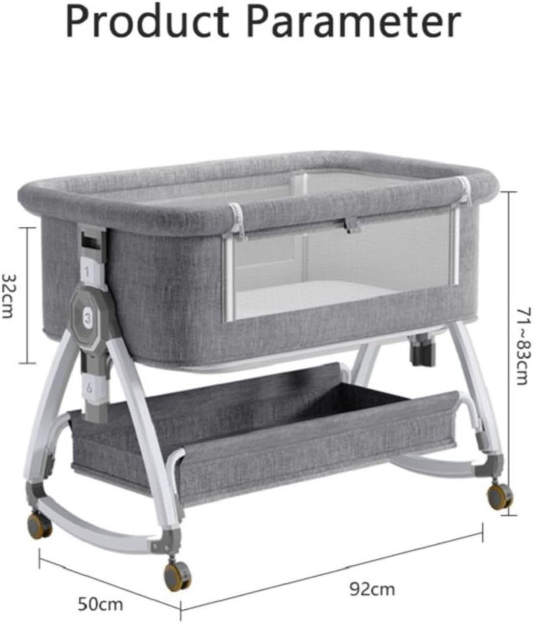 NEXAMARKET 3in1 Baby Beistellbett Reisebett, Babybetten, Mit Rollen, Sechs Ebenen Stufen Höhenverstellung, Wiege, Höhenverstellug und Einstellung der Neigung der Matratze (Goldgrau)