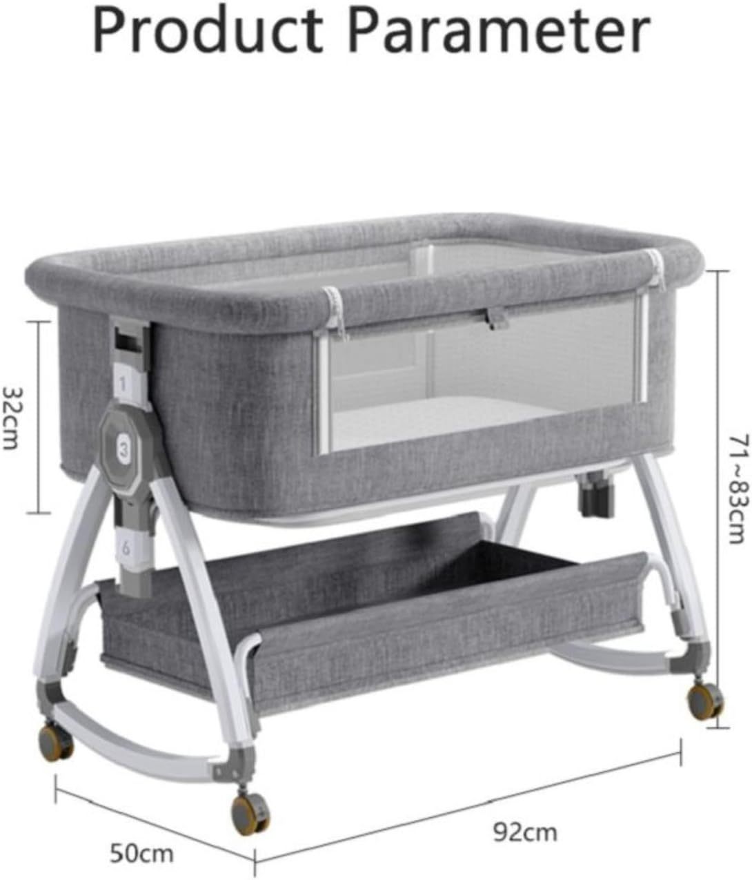 NEXAMARKET 3in1 Baby Beistellbett Reisebett, Babybetten, Mit Rollen, Sechs Ebenen Stufen Höhenverstellung, Wiege, Höhenverstellug und Einstellung der Neigung der Matratze (Goldgrau)