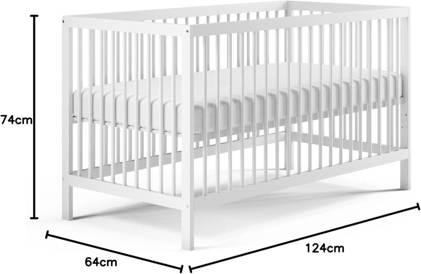 NEXAMARKET Babybett Kinderbett Gitterbett 60x120 höhenverstellbar & herausnehmbare Sprossen, optional mit Schublade und Matratze | Buchenholz Weiss sehr stabil Made in Europe
