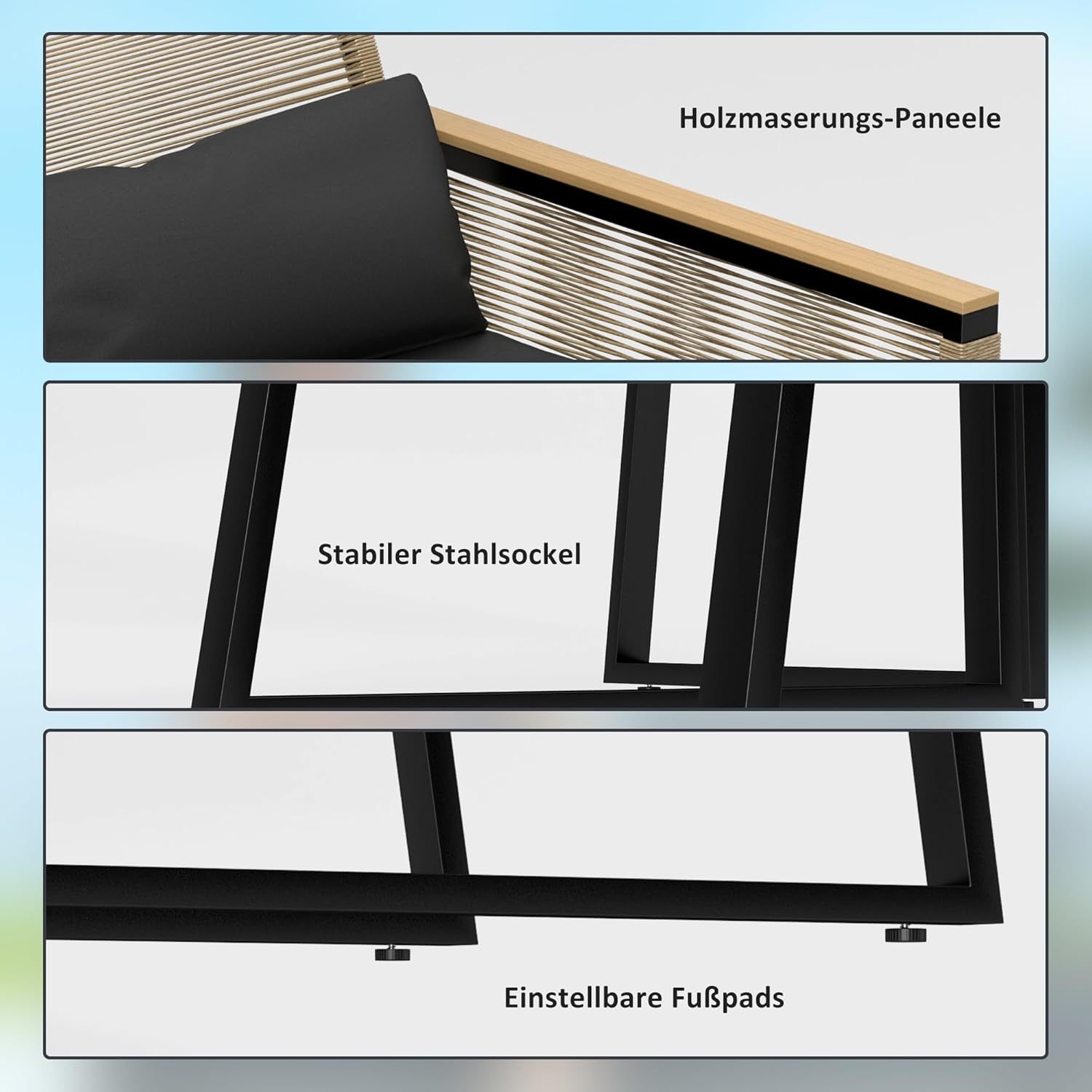 NEXAMARKET Polyrattan Gartenmöbel Set 4 Personen, wetterfest Balkonmöbel-Set mit 2er Sofa, 2 Stühle Glastisch Sitzkissen, Outdoor Sitzgruppe, Terrassenmöbel Gartengarnitur für Garten Balkon, Schwarz