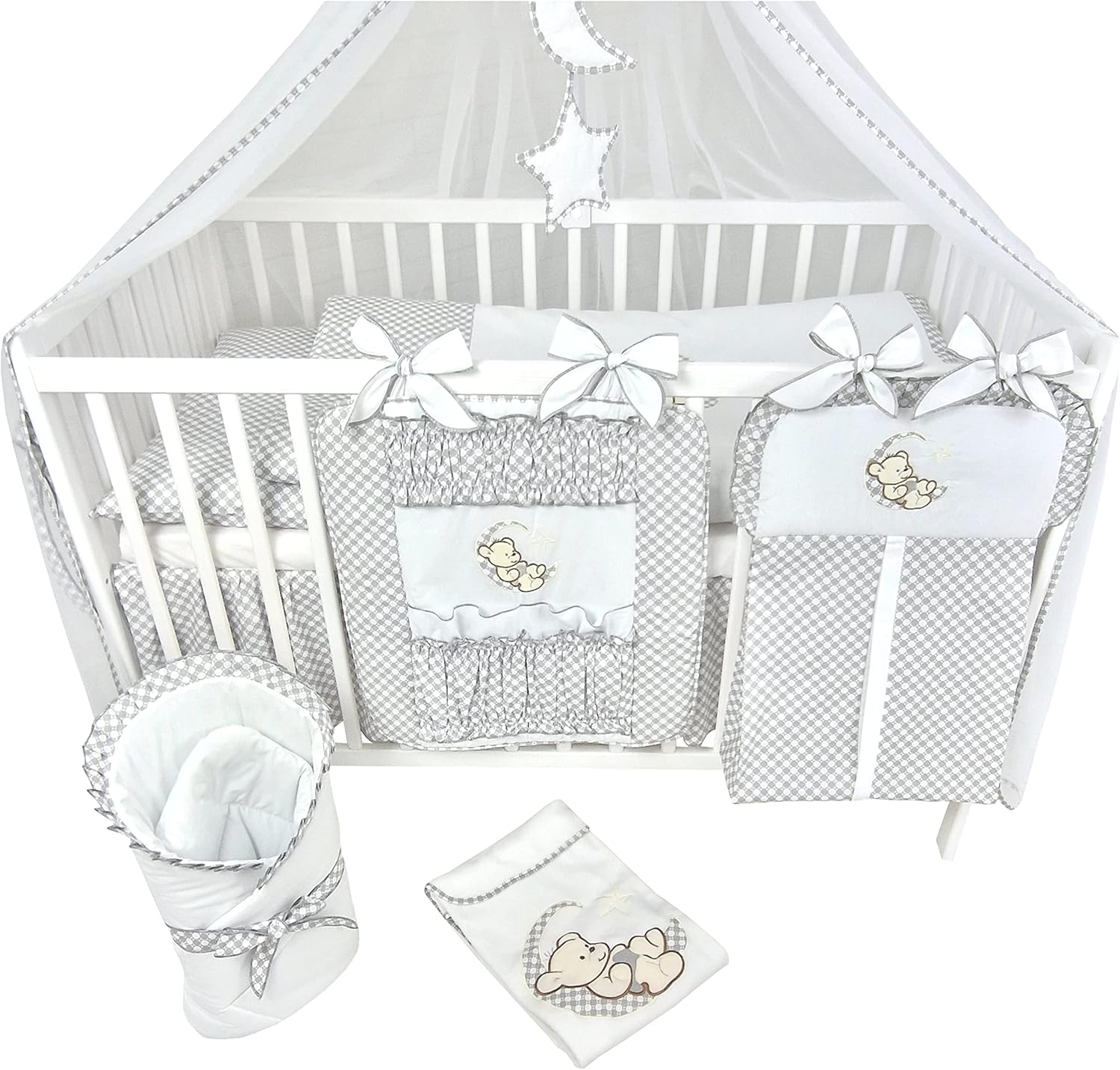 NEXAMARKET 16 Teiliges Babybett Kinderbett und Bettwäsche komplett Set Timmi inkl. Matratze höhenverstellbar für Neugeborene Babys und Kleinkinder aus Massivholz (Grau - Teddybär Mond)