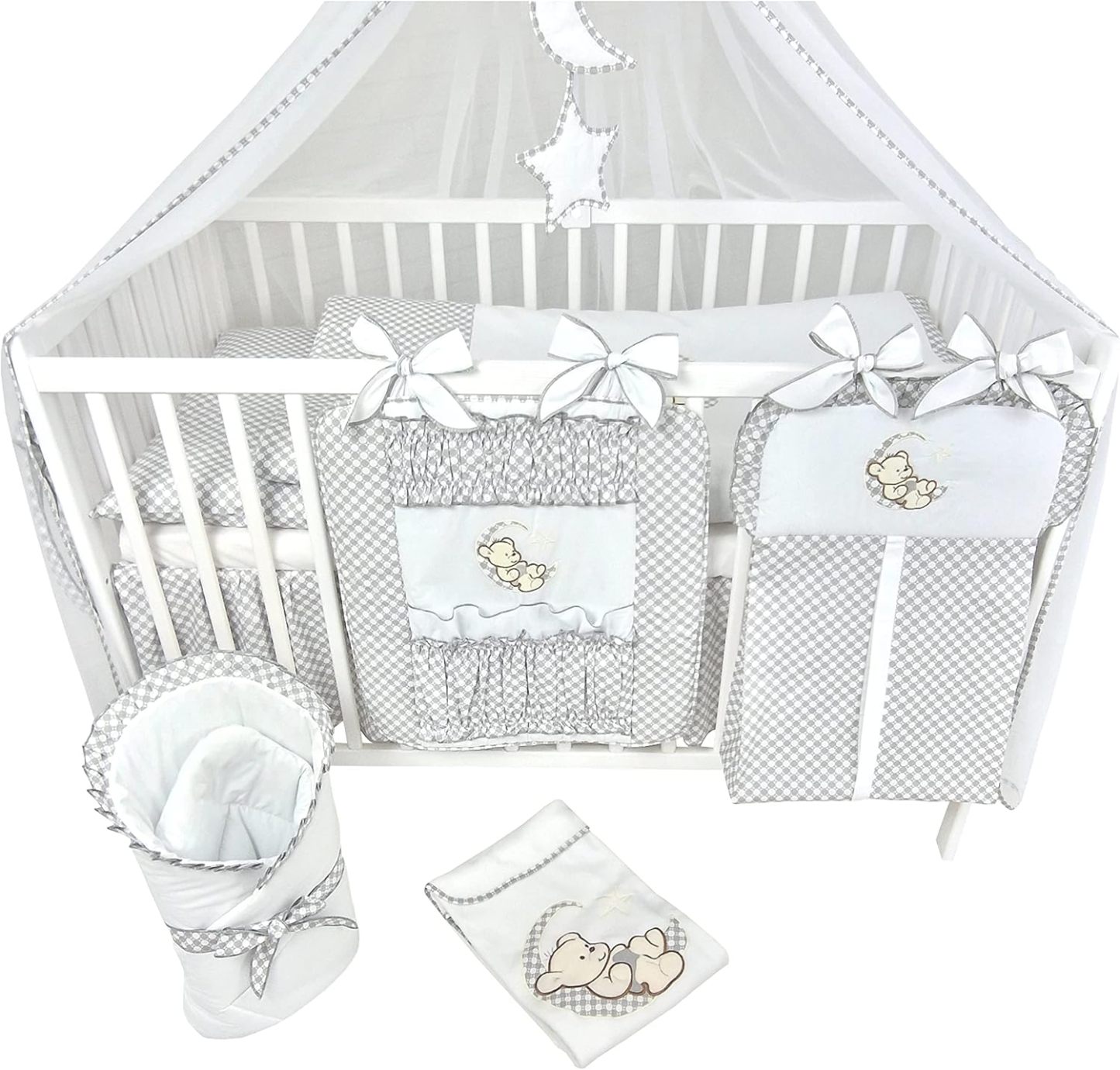 NEXAMARKET 16 Teiliges Babybett Kinderbett und Bettwäsche komplett Set Timmi inkl. Matratze höhenverstellbar für Neugeborene Babys und Kleinkinder aus Massivholz (Grau - Teddybär Mond)