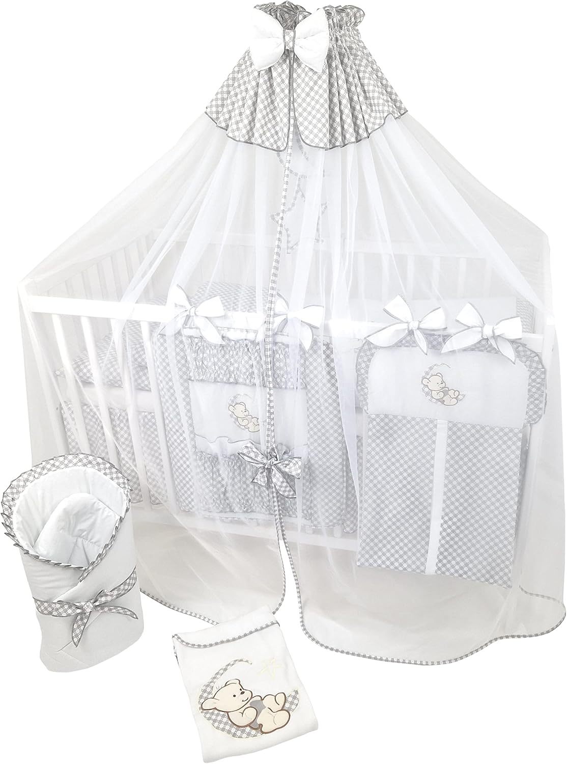 NEXAMARKET 16 Teiliges Babybett Kinderbett und Bettwäsche komplett Set Timmi inkl. Matratze höhenverstellbar für Neugeborene Babys und Kleinkinder aus Massivholz (Grau - Teddybär Mond)