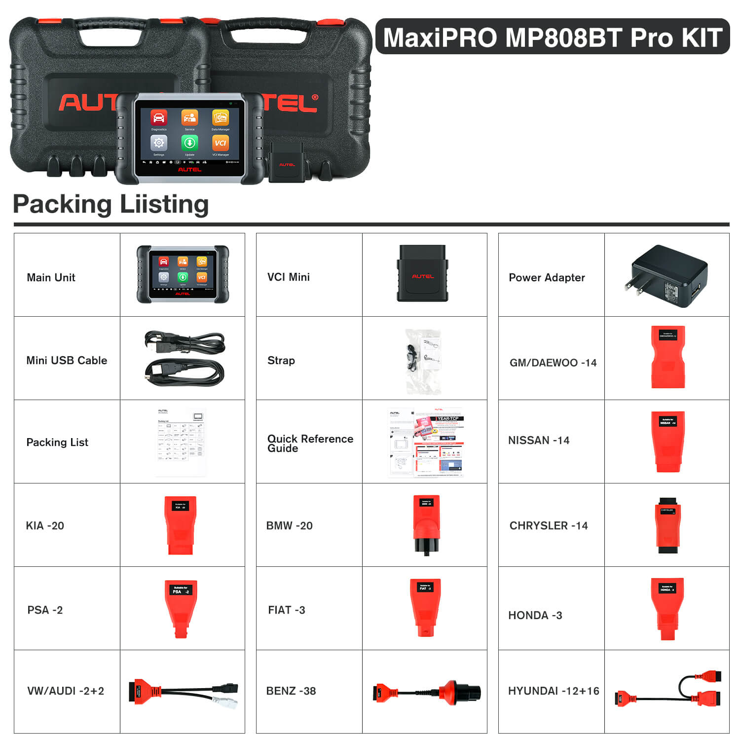 Autel MaxiPRO MP808BT Pro UK/EU | Upgraded Ver. of MP808BT packae list