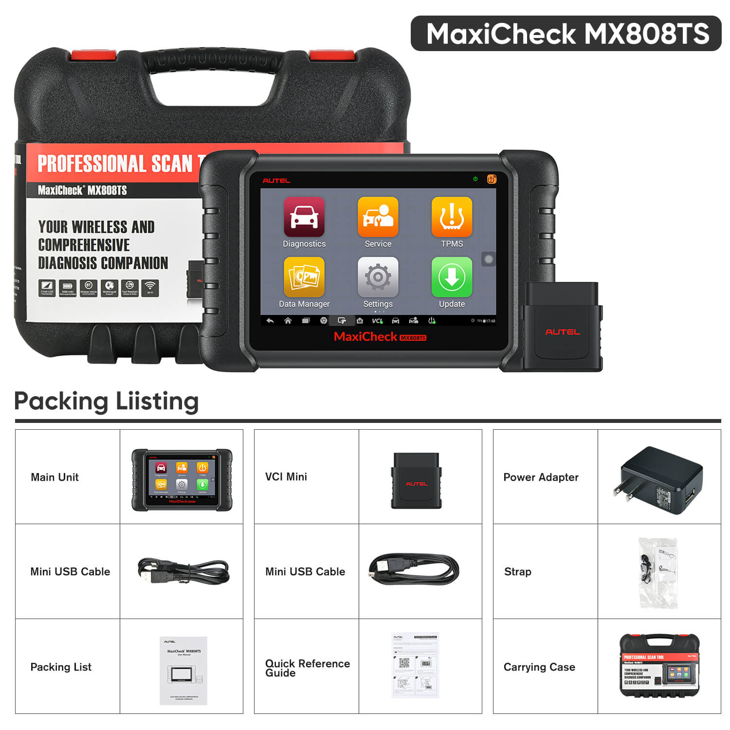  Autel MaxiCheck MX808TS | Same as MK808TS | Complete TPMS Sensor Programming PACKAGE LIST