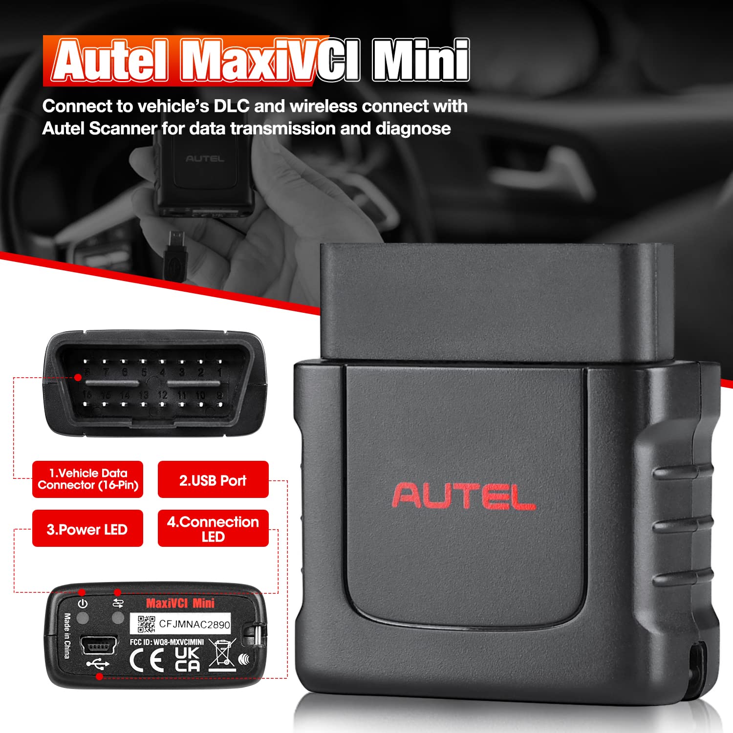 Autel MaxiSys MaxiVCI VCI Mini Wireless Diagnostic Interface, 2024 Newest Vehicle Wireless Dongle, Work with Autel Scanner MaxiCOM MK808BT PRO MP808BT Pro MK808S-TS MX808S-TS MP808S-TS MK808TS MP808TS