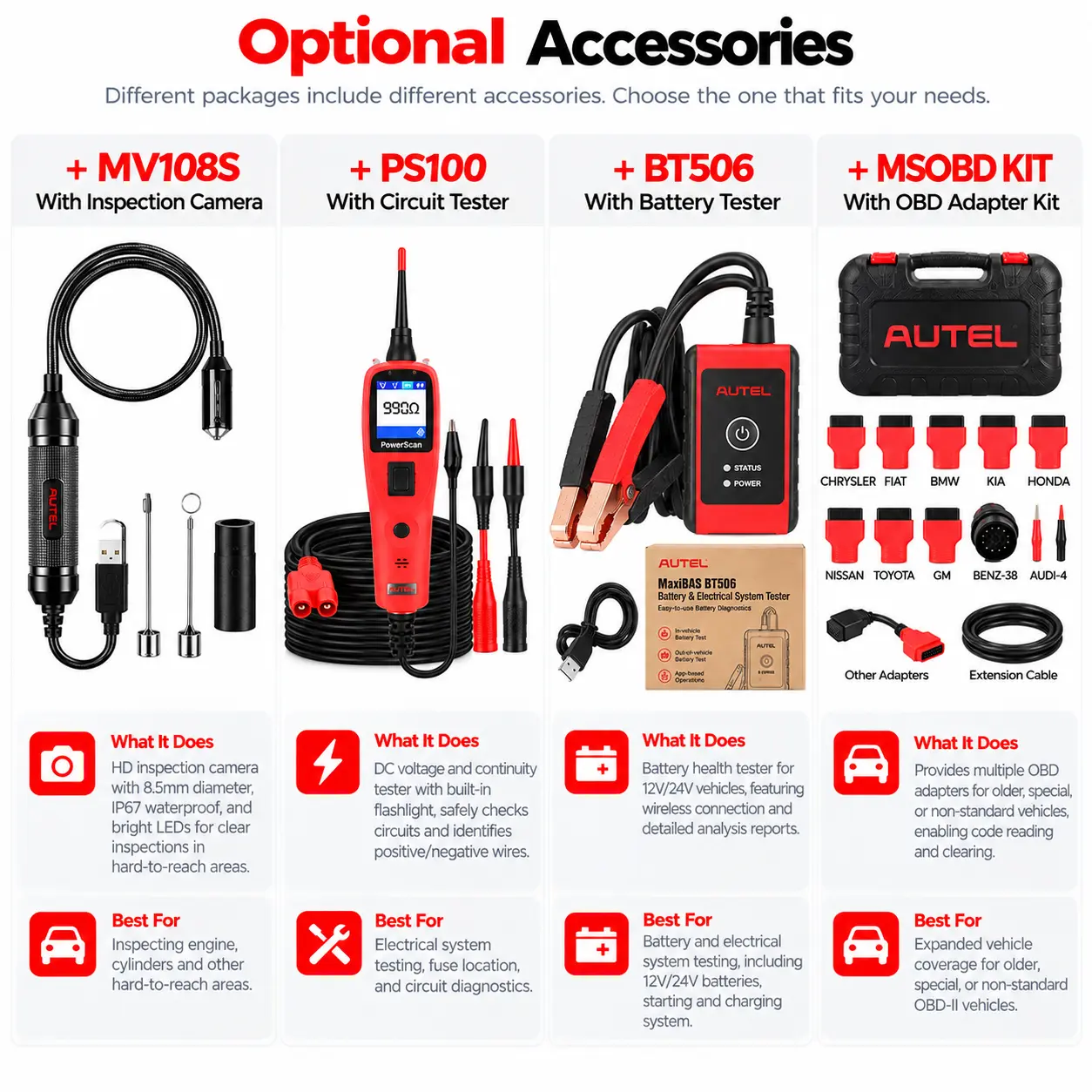 Autel Diagnostic Tool Optional Accessories – MV108S Digital Inspection Camera, PS100 Circuit Tester, BT506 Battery Tester, and MSOBD Adapter Kit for Advanced Vehicle Diagnostics.