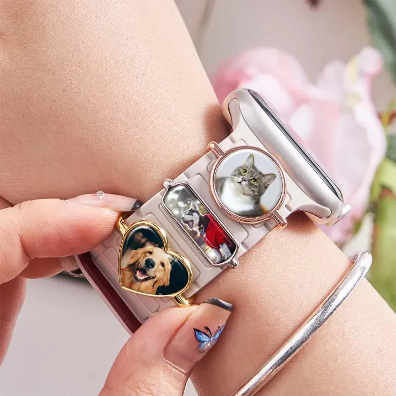 Custom Photo Engraved Watch Strap Charm, Personalized Smartwatch Beaded Accessory Couple Gifts