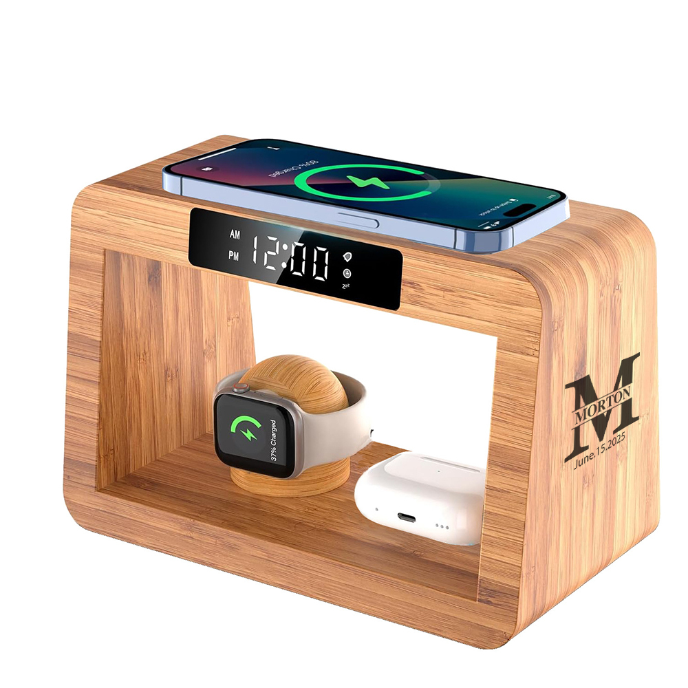 Wooden Multi-Functional Wireless Charger, Mobile Phone Stand, Desktop Digital Alarm Clock and Small Table Lamp