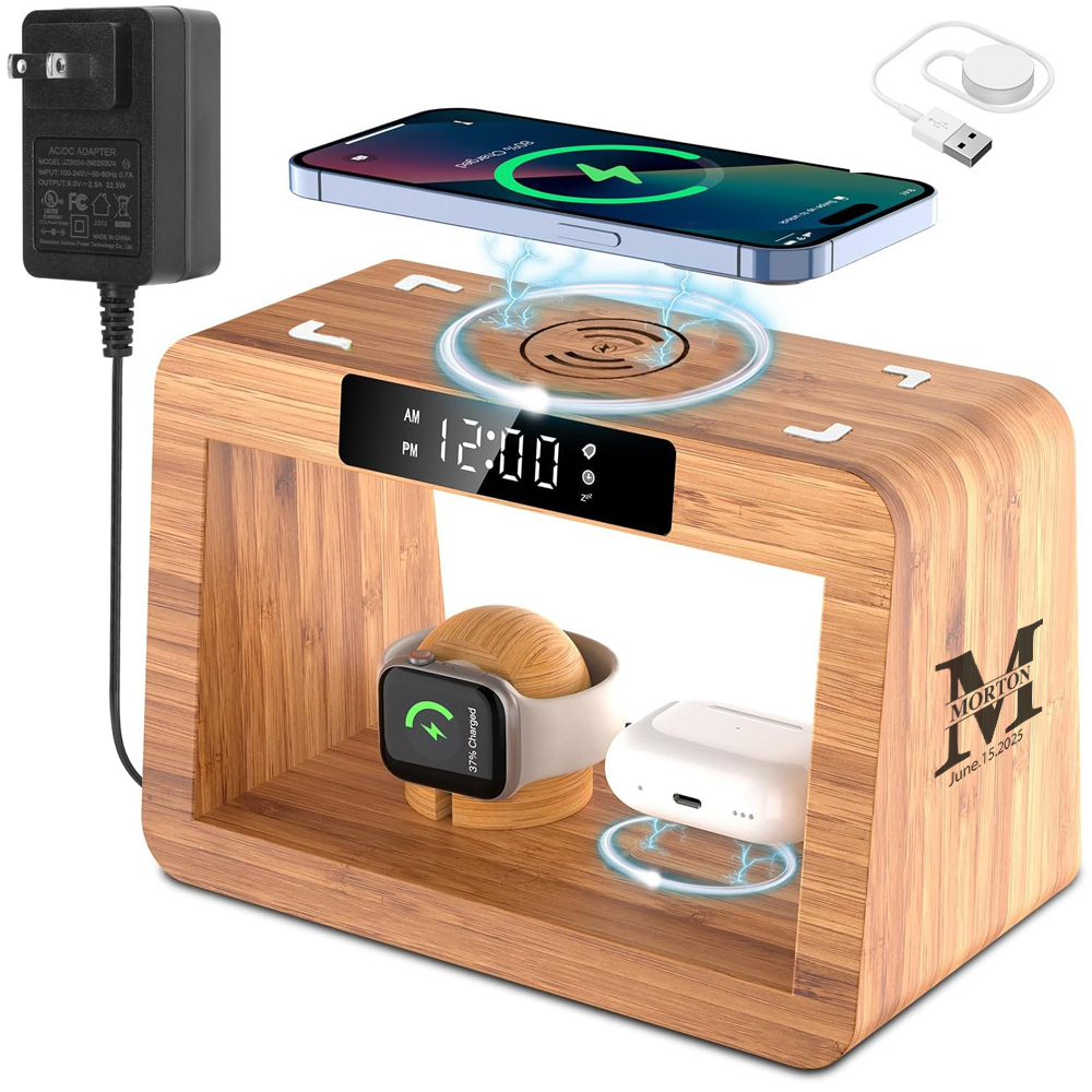 Wooden Multi-Functional Wireless Charger, Mobile Phone Stand, Desktop Digital Alarm Clock and Small Table Lamp