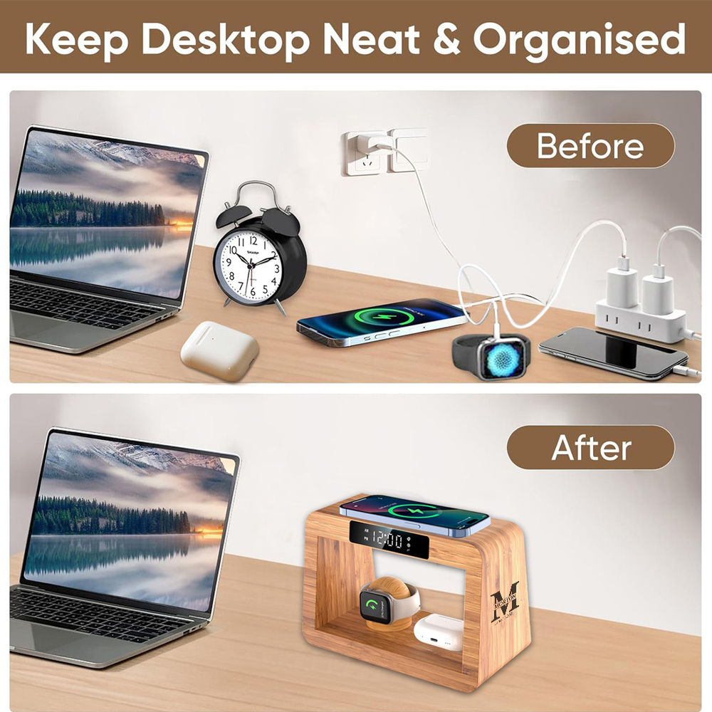 Wooden Multi-Functional Wireless Charger, Mobile Phone Stand, Desktop Digital Alarm Clock and Small Table Lamp