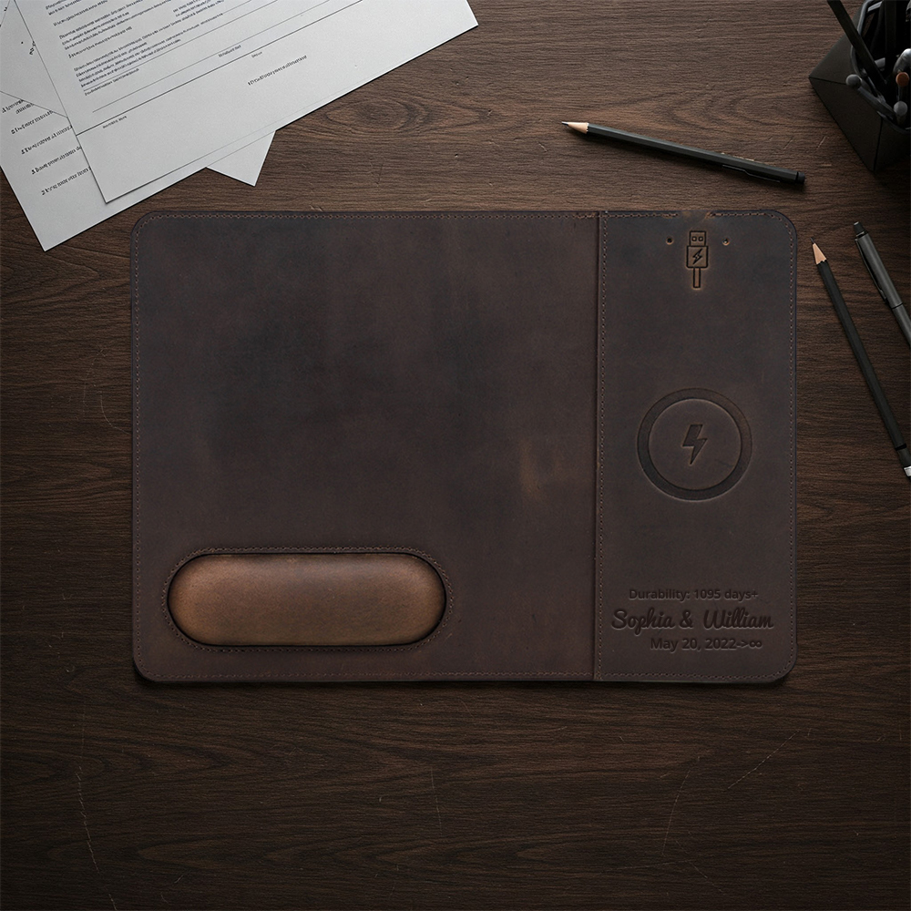 Premium Crazy Horse Leather Wedding Anniversary Gift for Him - 15W Wireless Charging 3D Leather Mouse Pad (12.6"×9.1")